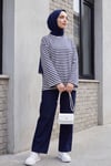 Bisiklet Yaka Kalın Çizgili Likralı Oversize Sweat -Lacivert