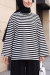 Bisiklet Yaka Kalın Çizgili Likralı Oversize Sweat -Siyah