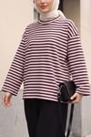 Bisiklet Yaka Kalın Çizgili Likralı Oversize Sweat -Pudra