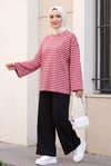 Bisiklet Yaka Kalın Çizgili Likralı Oversize Sweat -Gül Kurusu