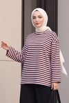 Bisiklet Yaka Kalın Çizgili Likralı Oversize Sweat -Pudra