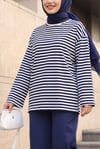 Bisiklet Yaka Kalın Çizgili Likralı Oversize Sweat -Koyu Lacivert