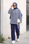 Bisiklet Yaka Kalın Çizgili Likralı Oversize Sweat -Koyu Lacivert