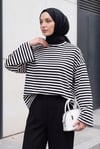 Bisiklet Yaka Kalın Çizgili Likralı Oversize Sweat -Siyah