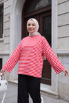 Bisiklet Yaka Kalın Çizgili Likralı Oversize Sweat -Pembe
