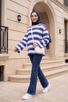 Bisiklet Yaka Kalın Çizgili Sweat -Saks
