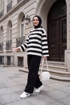 Bisiklet Yaka Kalın Çizgili Sweat -Siyah