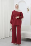 Bisiklet Yaka Oversize Cepli Pantolonlu Penye Takım -Bordo