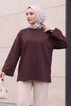 Bisiklet Yaka Oversize Likralı Sweat  -Koyu Kahverengi