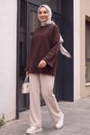 Bisiklet Yaka Oversize Likralı Sweat  -Koyu Kahverengi