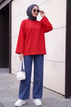 Bisiklet Yaka Oversize Likralı Sweat  -Kırmızı