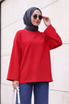 Bisiklet Yaka Oversize Likralı Sweat  -Kırmızı