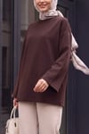 Bisiklet Yaka Oversize Likralı Sweat  -Koyu Kahverengi