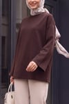 Bisiklet Yaka Oversize Likralı Sweat  -Koyu Kahverengi