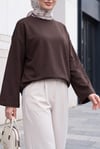 Bisiklet Yaka Oversize Likralı Sweat  -Koyu Kahverengi