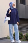 Bisiklet Yaka Oversize Likralı Sweat  -Lacivert