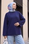 Bisiklet Yaka Oversize Likralı Sweat  -Lacivert