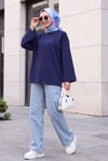 Bisiklet Yaka Oversize Likralı Sweat  -Lacivert