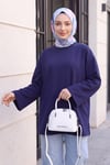 Bisiklet Yaka Oversize Likralı Sweat  -Lacivert