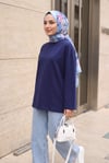 Bisiklet Yaka Oversize Likralı Sweat  -Lacivert