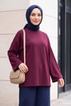 Bisiklet Yaka Oversize Likralı Sweat  -Mürdüm