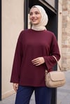 Bisiklet Yaka Oversize Likralı Sweat  -Mürdüm