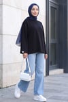 Bisiklet Yaka Oversize Likralı Sweat  -Siyah