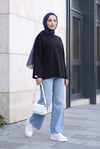 Bisiklet Yaka Oversize Likralı Sweat  -Siyah