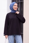 Bisiklet Yaka Oversize Likralı Sweat  -Siyah