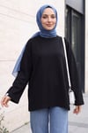 Bisiklet Yaka Oversize Likralı Sweat  -Siyah