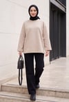 Bisiklet Yaka Oversize Likralı Sweat  -Taş rengi