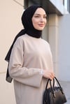 Bisiklet Yaka Oversize Likralı Sweat  -Taş rengi