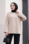 Bisiklet Yaka Oversize Likralı Sweat  -Taş rengi