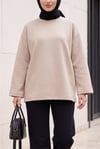 Bisiklet Yaka Oversize Likralı Sweat  -Taş rengi