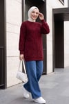 Bisiklet Yaka Sim Detaylı Sakallı Triko Tunik -Bordo