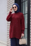 Bisiklet Yaka Taşlı Balon Kol Salaş Triko Tunik -Bordo
