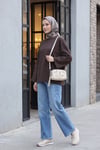 Bisiklet Yaka Uzun Kollu Oversize Penye Sweat -Koyu Kahverengi