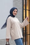 Bisiklet Yaka Uzun Kollu Oversize Penye Sweat -Taş rengi