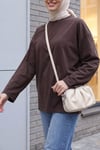 Bisiklet Yaka Uzun Kollu Oversize Penye Sweat -Koyu Kahverengi