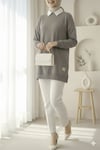 Bisiklet Yaka Yırtmaçlı Armalı Sweat     -Gri-Sweatshirt-338-30644-R11