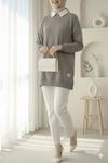 Sweatshirt-Bisiklet Yaka Yırtmaçlı Armalı Sweat     -Gri-338-30644-R11