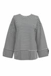 Bisiklet Yaka Yırtmaçlı Çizgili Viskon Sweat -Siyah