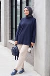 Bisiklet Yaka Yırtmaçlı Oversize Penye Tunik  -Lacivert