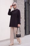 Bisiklet Yaka Yırtmaçlı Oversize Penye Tunik  -Siyah