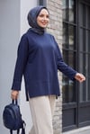 Bisiklet Yaka Yırtmaçlı Oversize Penye Tunik  -Lacivert