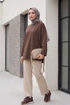 Bisiklet Yaka Yırtmaçlı Oversize Penye Tunik  -Koyu Kahverengi