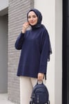 Bisiklet Yaka Yırtmaçlı Oversize Penye Tunik  -Lacivert