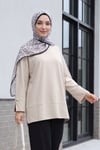 Bisiklet Yaka Yırtmaçlı Oversize Penye Tunik  -Vizon