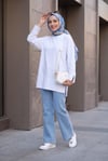 Bisiklet Yaka Yırtmaçlı Oversize Penye Tunik  -Beyaz