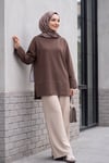 Bisiklet Yaka Yırtmaçlı Oversize Penye Tunik  -Koyu Kahverengi